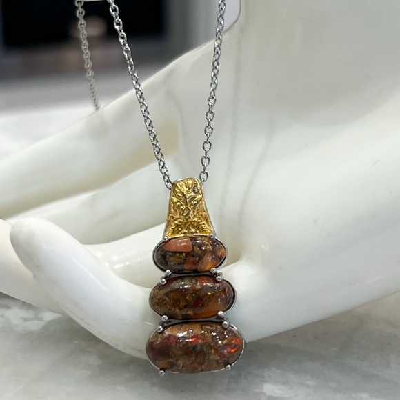 Matrix Fire Opal Trilogy Copper with Magnet Pendant 20” Necklace - Picture 4 of 11